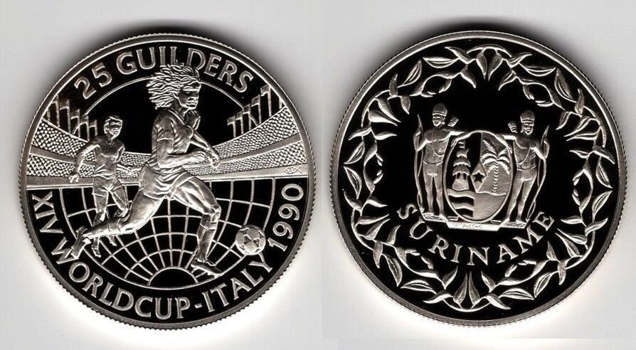 1990 Suriname Large Proof Silver 25 guilders-World Cup Soccer(Football) Italy