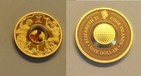 2003 Cook Is. Gold plated Silver w/Gemstones $1 Zodiac- Gemini/Agates