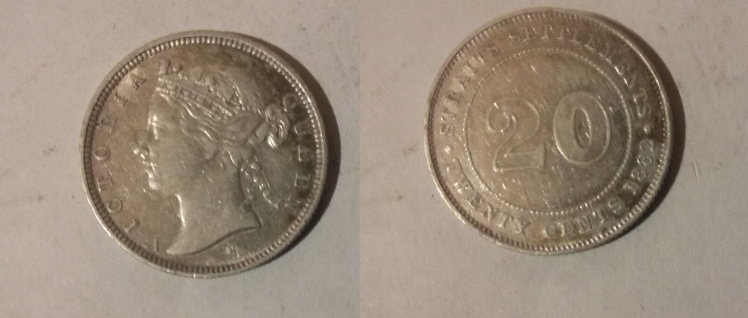 1882 Straits Settlements Silver 20 Cent-scarce, nice