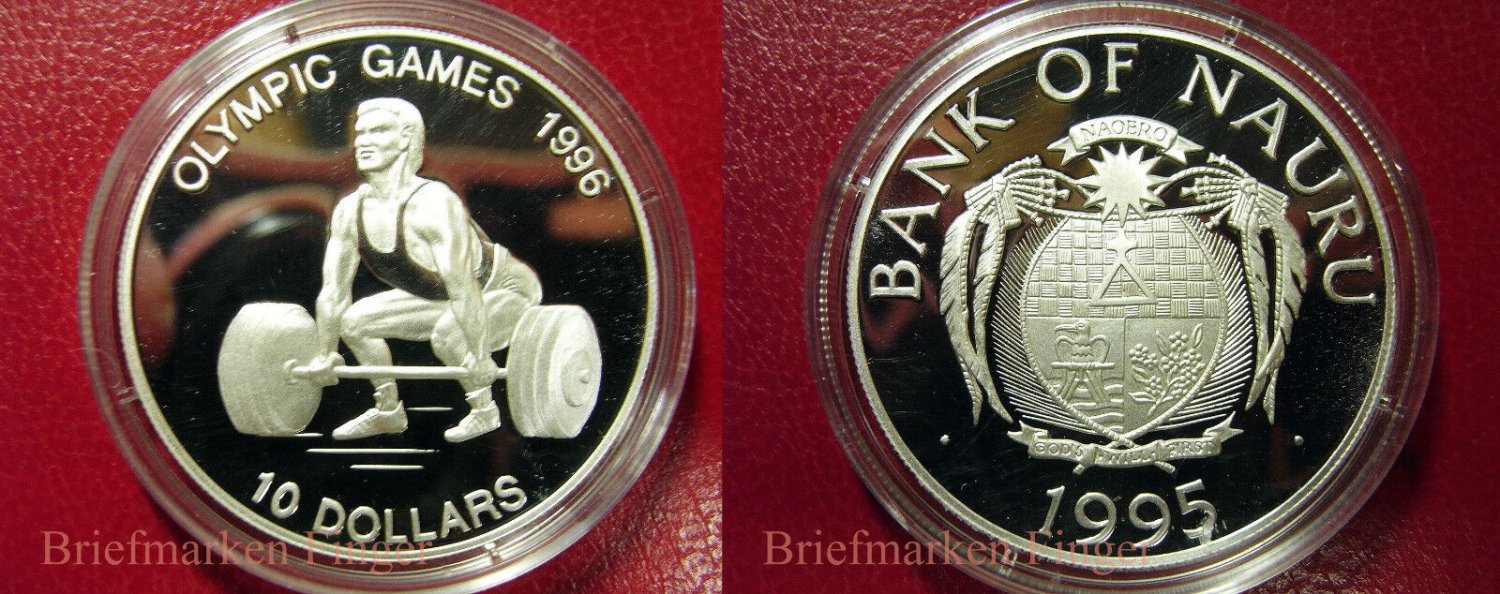 1995 Nauru Large Silver Proof $10 Olympic Weightlifter-Atlanta USA