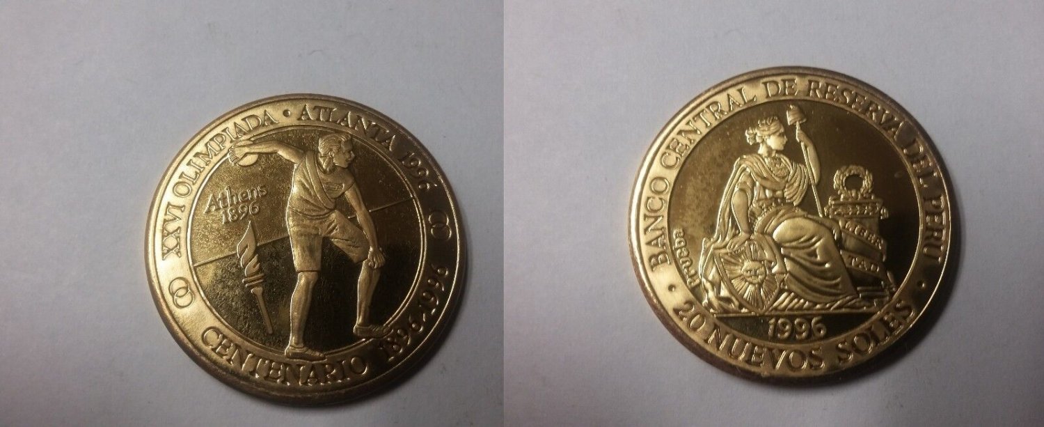 Rare 1996 Peru Large Goldplated pattern 20 S Olympic Discus T2
