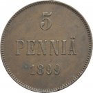 Scarce 1899 Finland Russian Empire Copper 5 Pennia-Nicholas II-Nice