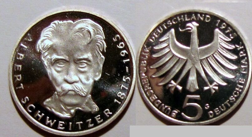 1975 Germany Proof Silver 5 M Albert Schweitzer