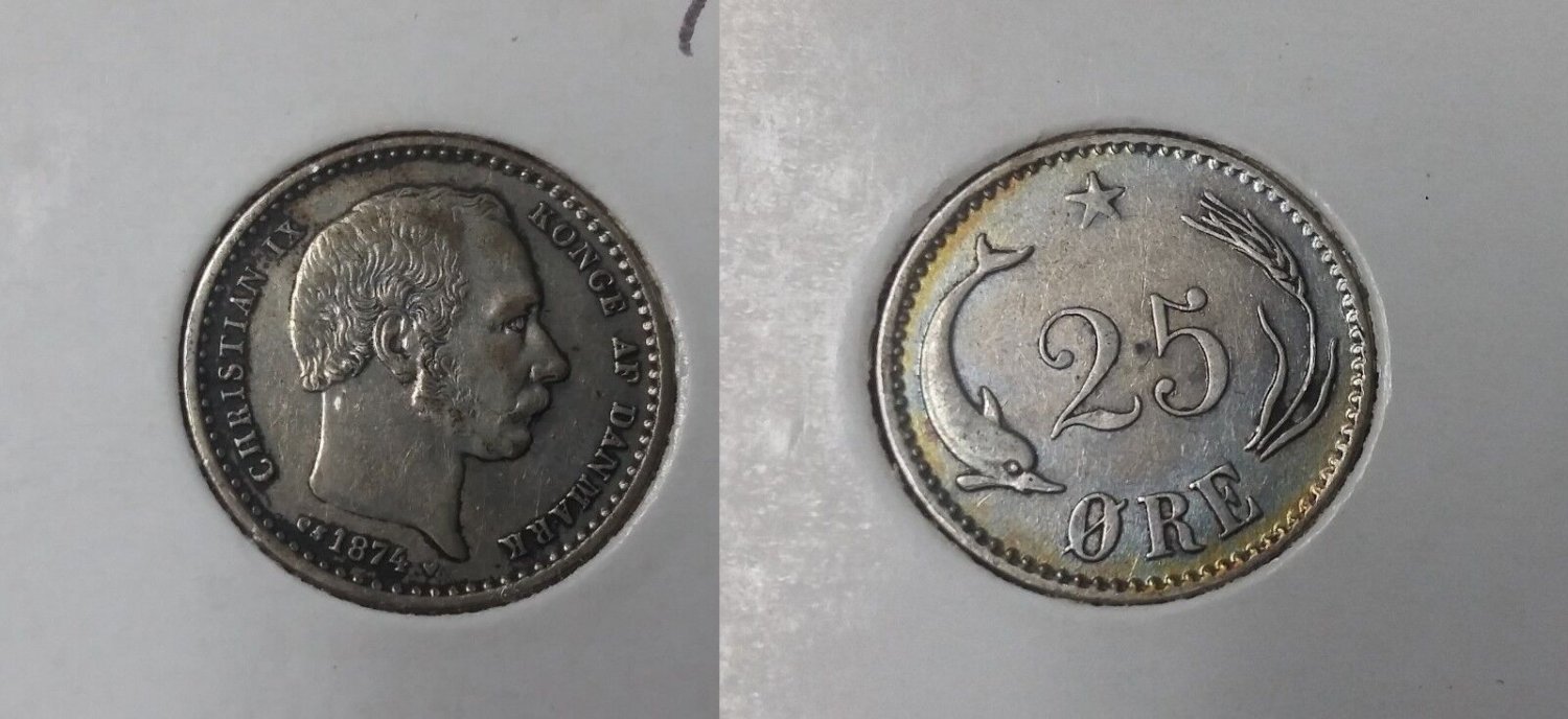 1874 Denmark Silver 25 Ore-Dolphin/Wheat- Nice