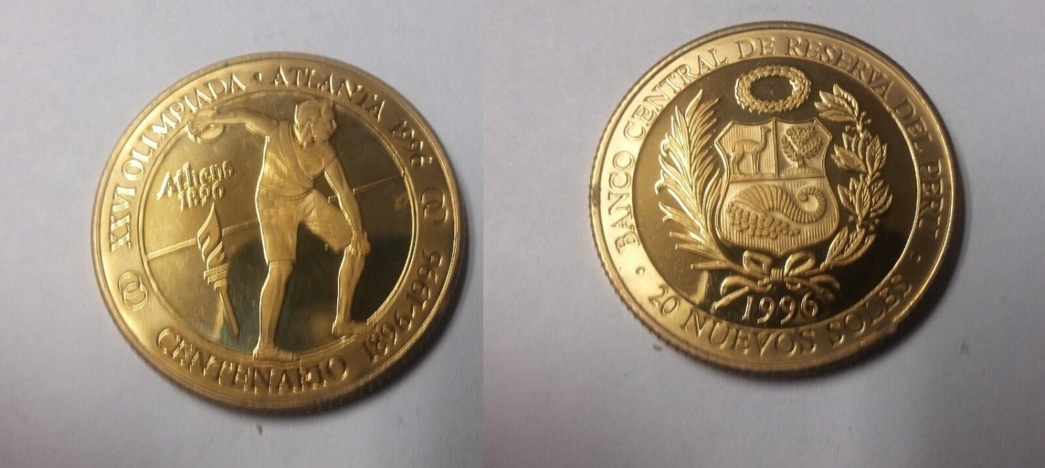 Rare 1996 Peru Large Goldplated pattern 20 S Olympic Discus T3