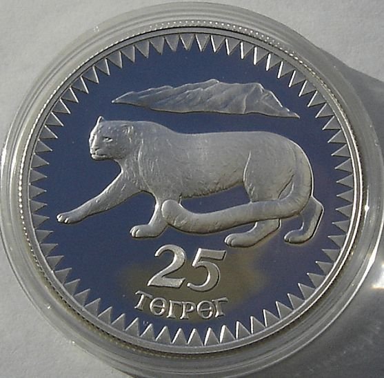 1987 Mongolia Large Silver Proof 25 Togrog-Snow Leopard