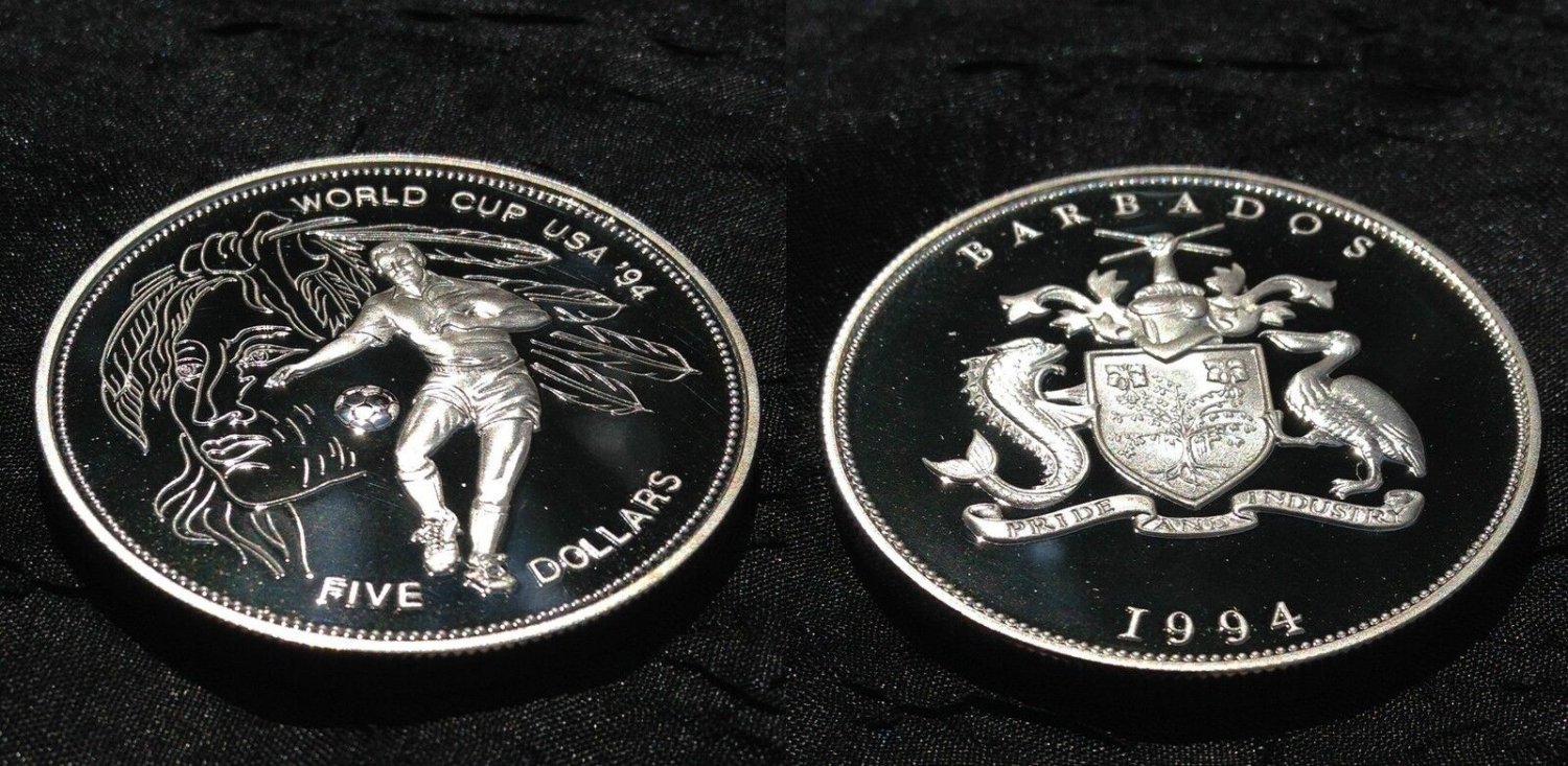 1994 Barbados  Large Silver  Proof $5 Soccer/Native Indian