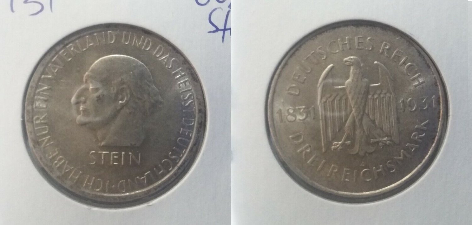 Rare 1931 Germany Silver 3 marks-Stein-Nice