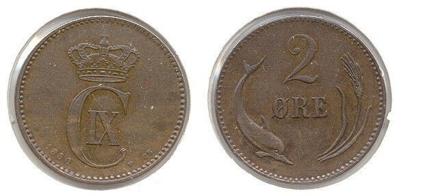 Scarce 1880 Denmark 2 Ore-Dolphin/Wheat- Nice