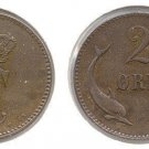 Scarce 1880 Denmark 2 Ore-Dolphin/Wheat- Nice