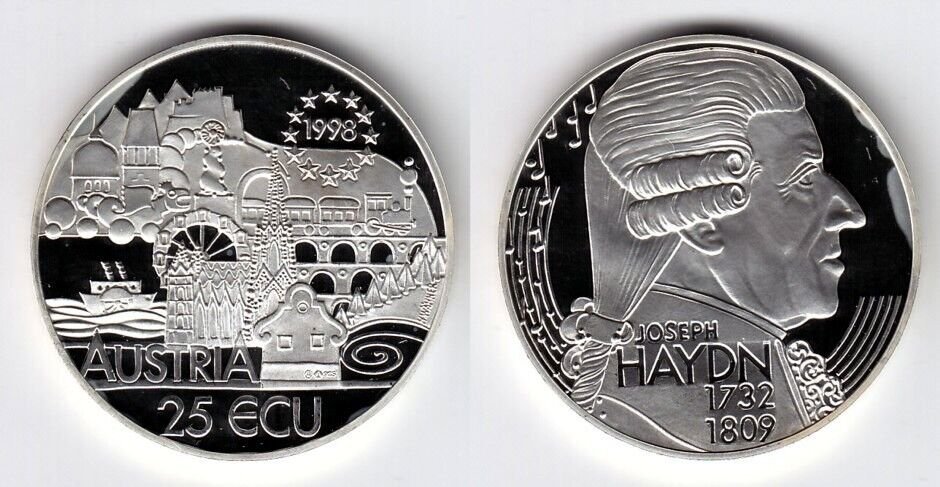 1998 Austria Large Proof Silver 25 ecu Haydn