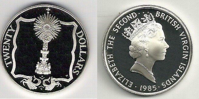 1985 British Virgin Is.Large Silver Proof $20-Pirates Treasure-Gold monstrance