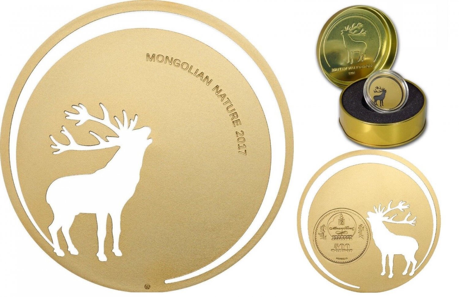 Rare 2017 Mongolia Large Guilded Silver Cutout 500 T Dear-Nice Tin Box