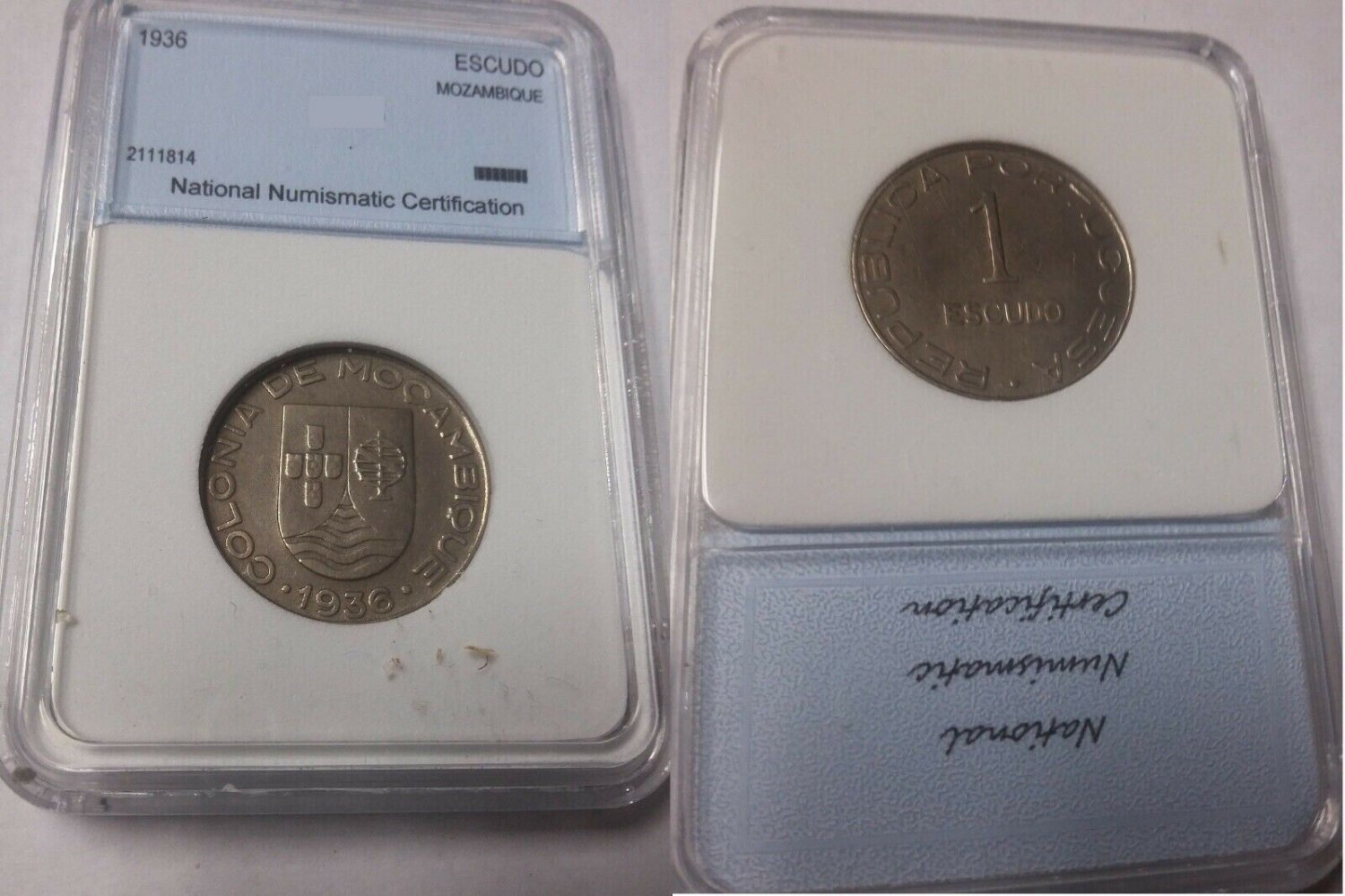 1936 Mozambique 1 Escudo,slabbed
