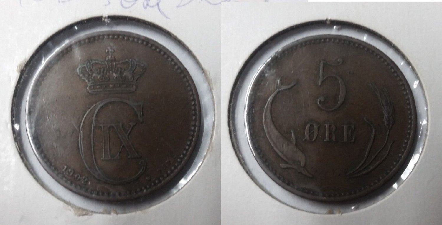 1902 Denmark 5 ore,dolphin/wheat- Nice