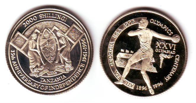 Rare 1996 Tanzania Copper-Nick 2000 s pattern Olympic  Discus T2