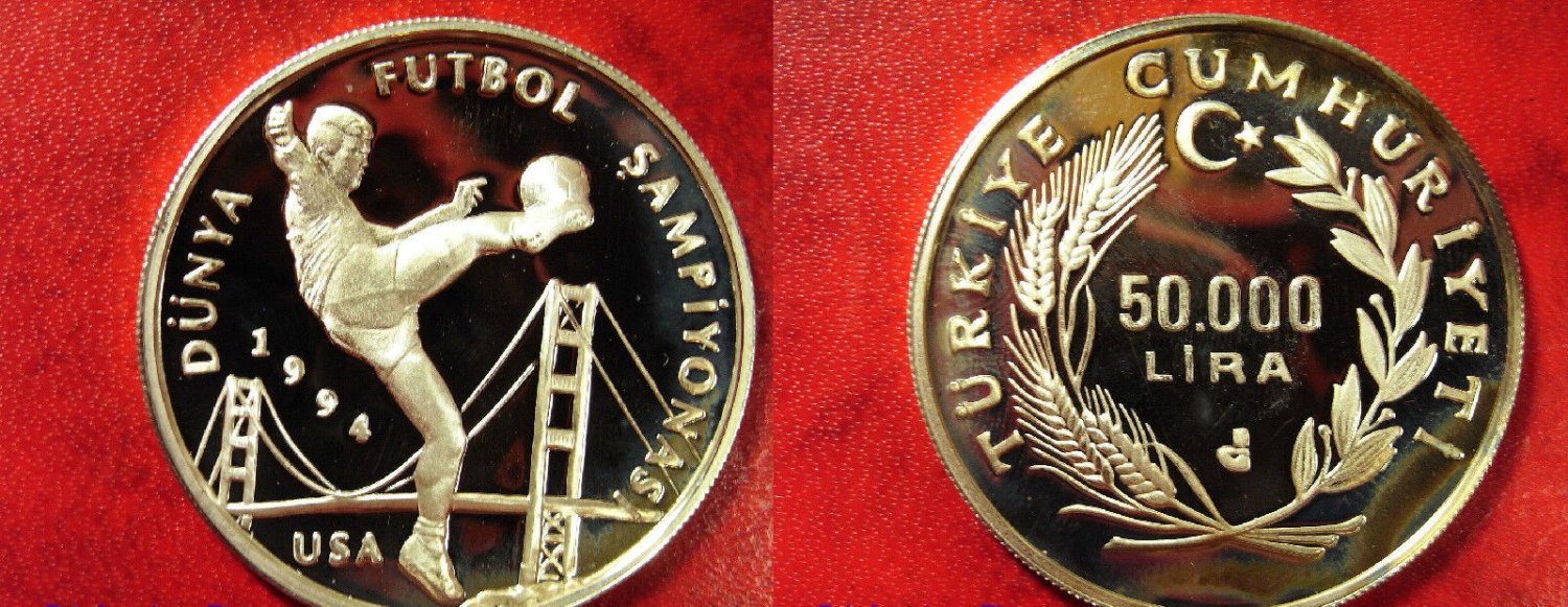 1994 Turkey Large Silver Proof 50000 World Cup Soccer(Football)
