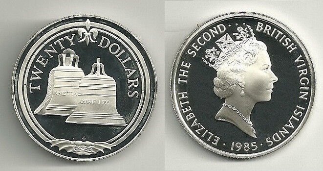 1985 British Virgin Is.Large Silver Proof $20-Pirates Treasure-Bells