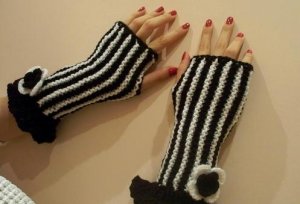 Knitted Black,white mittens for precious ladies.OOAK