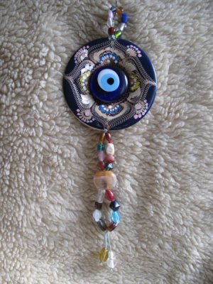 Macreme evil eye with hand painted copper plate..Door-wall hanger.