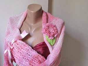 Knitted Wedding shrug. pink ,crochet flower.Ready to ship.Handmade.OOAK.s