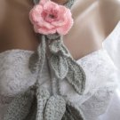 Crocheted pink flower brooch.lariat -necklace