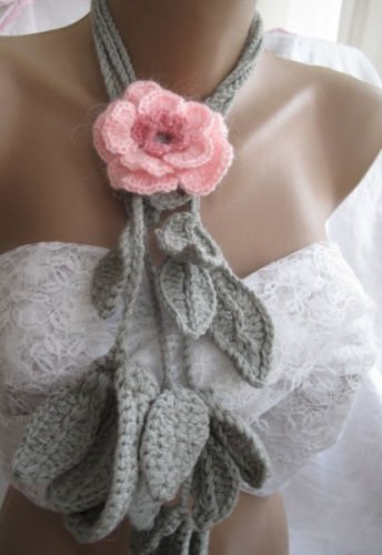 Crocheted pink flower brooch.lariat -necklace