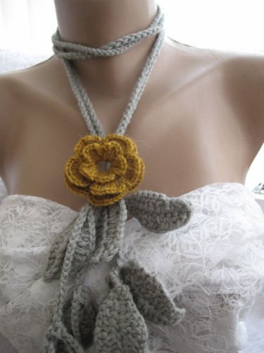 Crocheted  mustard flower brooch.lariat -necklace