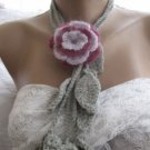 Crocheted claret-lilac flower brooch.lariat -necklace