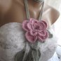 Crocheted pink flower brooch.lariat