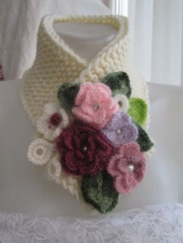 Knitted wool ivory neckwarmer,neckwrap,scarf,colored flowers