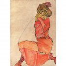 Egon Schiele - Kneeling Woman in Orange-Red Dress - 24x18 Inch Rolled Canvas Wall Art Print