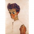 Egon Schiele - Self portrait with striped shirt - 24x18 Inch Rolled Canvas Wall Art Print