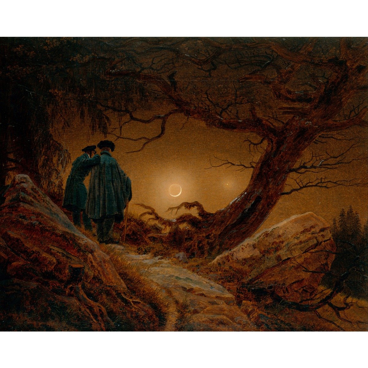 Two Men contemplating The Moon - 24x18 Inch Rolled Canvas Wall Art Print