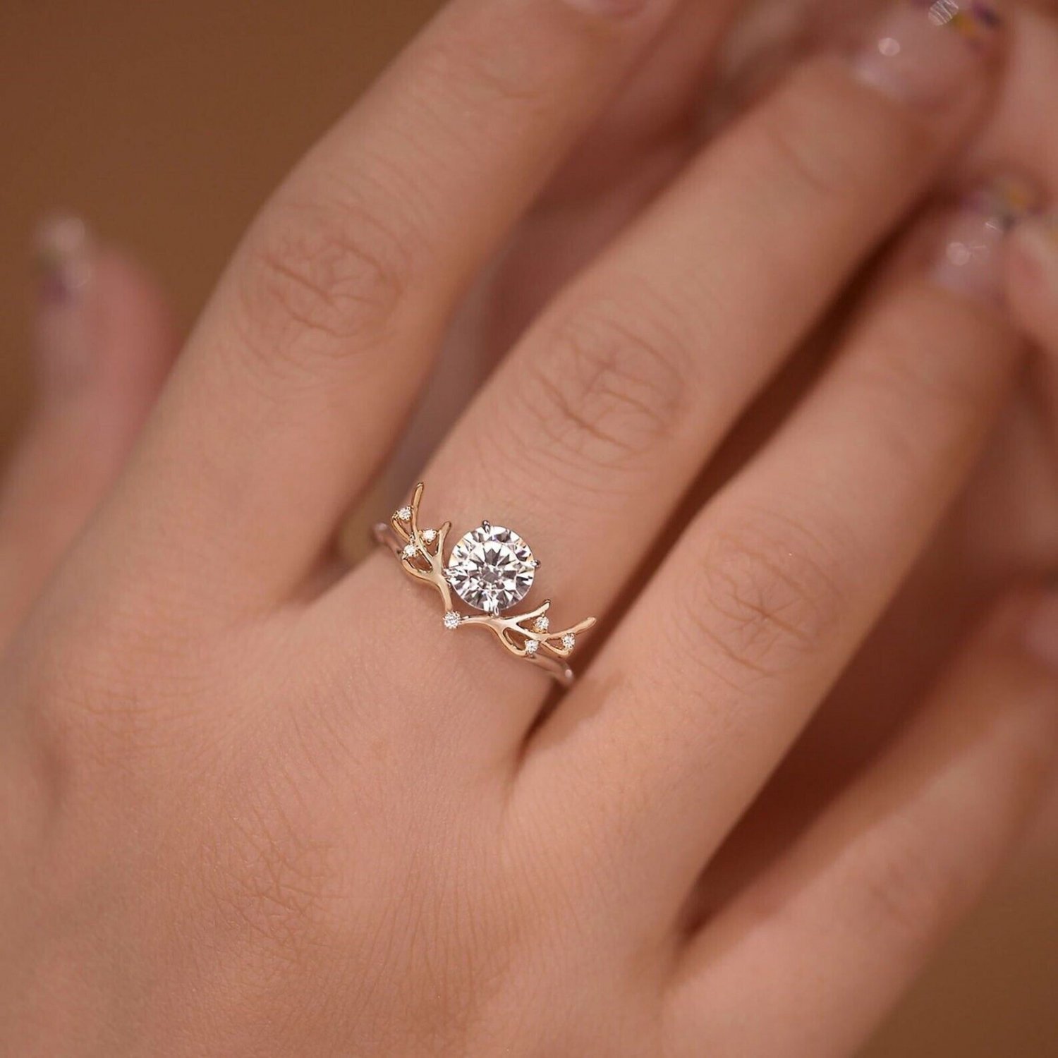 1 Ct Round Cut Simulated Diamond Ring Deer Antler Statement Antler Ring For Her