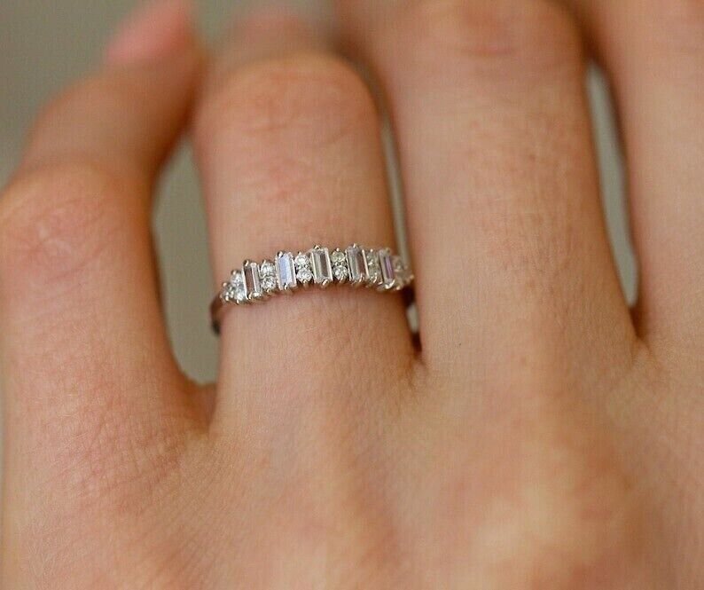 Baguette & Round Cut Simulated Diamond Ring Half Eternity Wedding Ring For Women
