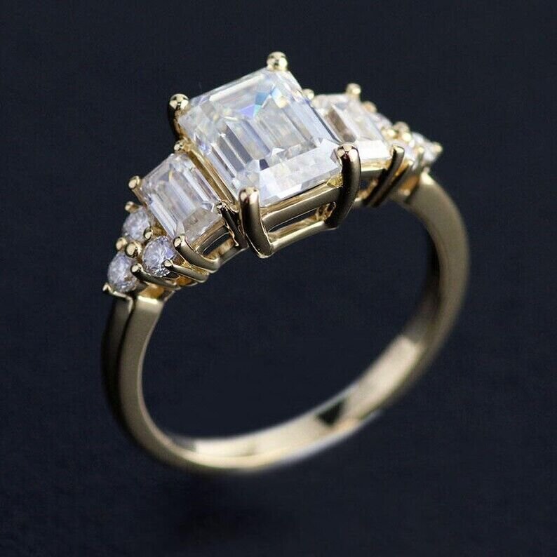 3.95Ct Emerald Cut Simulated Diamond Ring 14k Yellow Gold Plated Wedding Gift