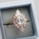 Sun Burst Halo Emerald Cut Moissanite Diamond Ring Engagement Ring Gift For Her