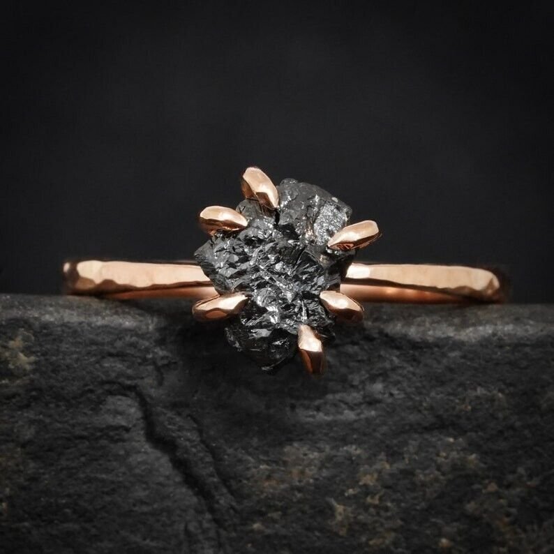 Black Natural Raw Diamond Unique Rough Solitaire Engagement Ring Gift For Her