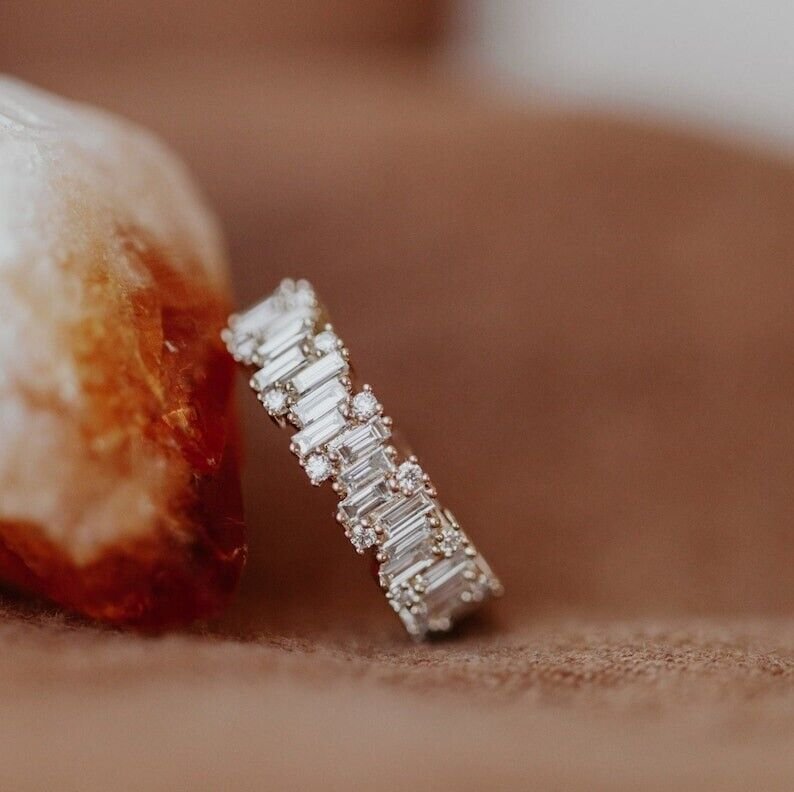 2.9CT Baguette & Round Cut Simulated Diamond Unique Engagement Band Ring For Her