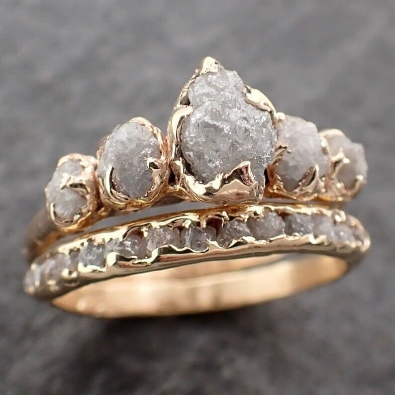 Delicate Natural Grey Raw Diamond Ring, 14k Gold Plated Engagement Ring For Her