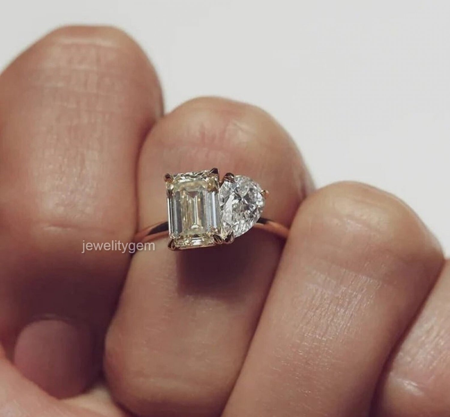 Pear & Emerald Cut Simulated Diamond Ring Toi Et Moi Anniversary Gift For Women