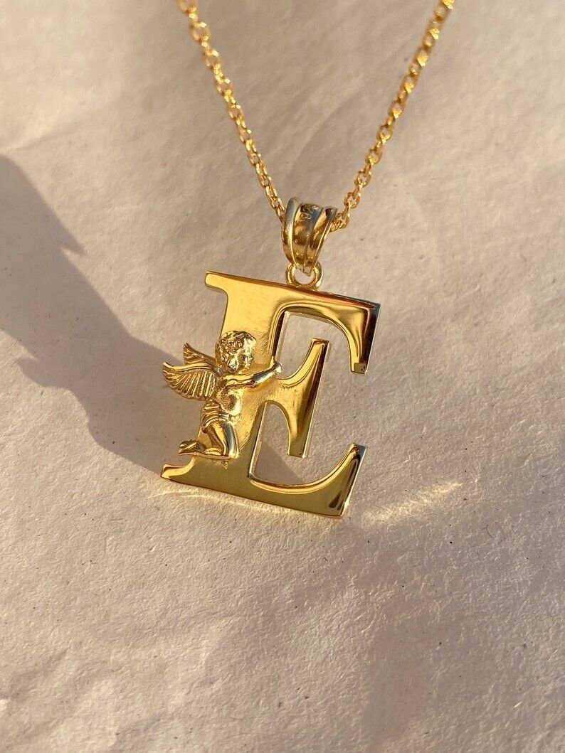 14K Yellow Gold Plated Initial Angel Letter Pendant Anniversary Necklace For Her