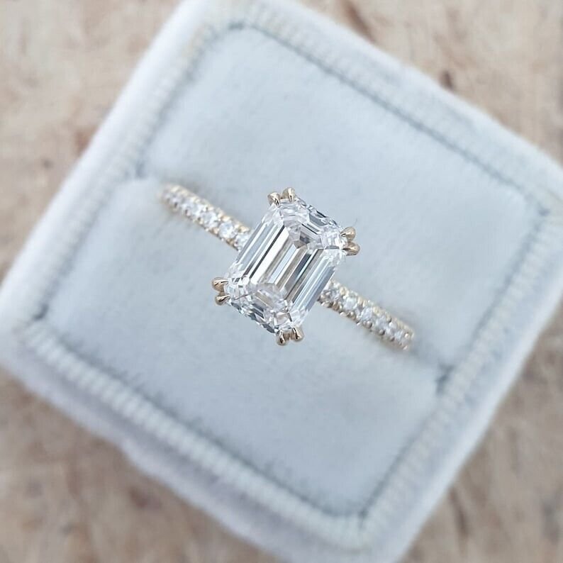1.75Ct Emerald Cut Simulated Diamond ring Hidden Halo Birthday Gift Ring For Her