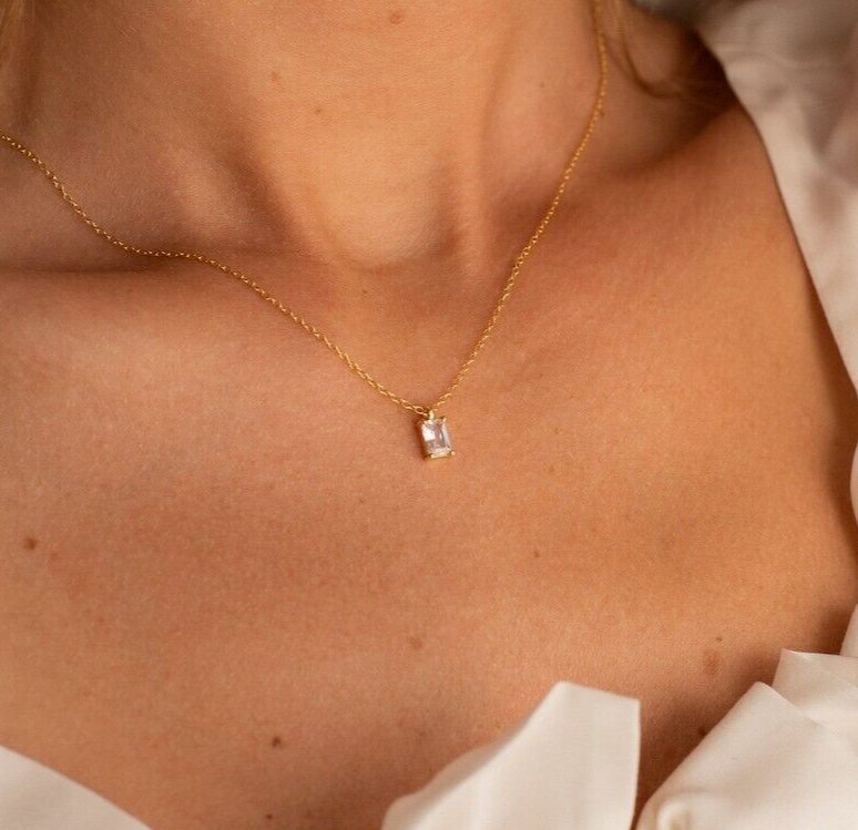 Solid Emerald Cut Simulated Diamond Necklace Anniversary Gift Necklace For Her