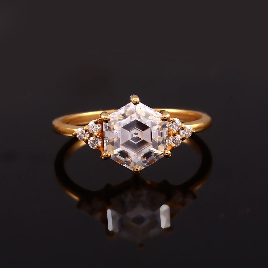 1.5Ct Hexagon Cut Simulated Diamond Ring 14K Gold Plated Engagement Ring For Her