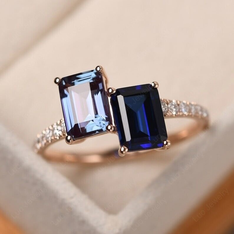 2.5CT Blue Emerald Cut Simulated Diamond 14k Gold Plated Engagement Gift For Her