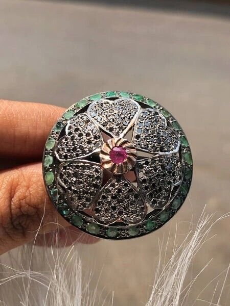 Art Deco Ruby Stone Dome Ring in 925 Sterling Silver - Unique Vintage Jewellery
