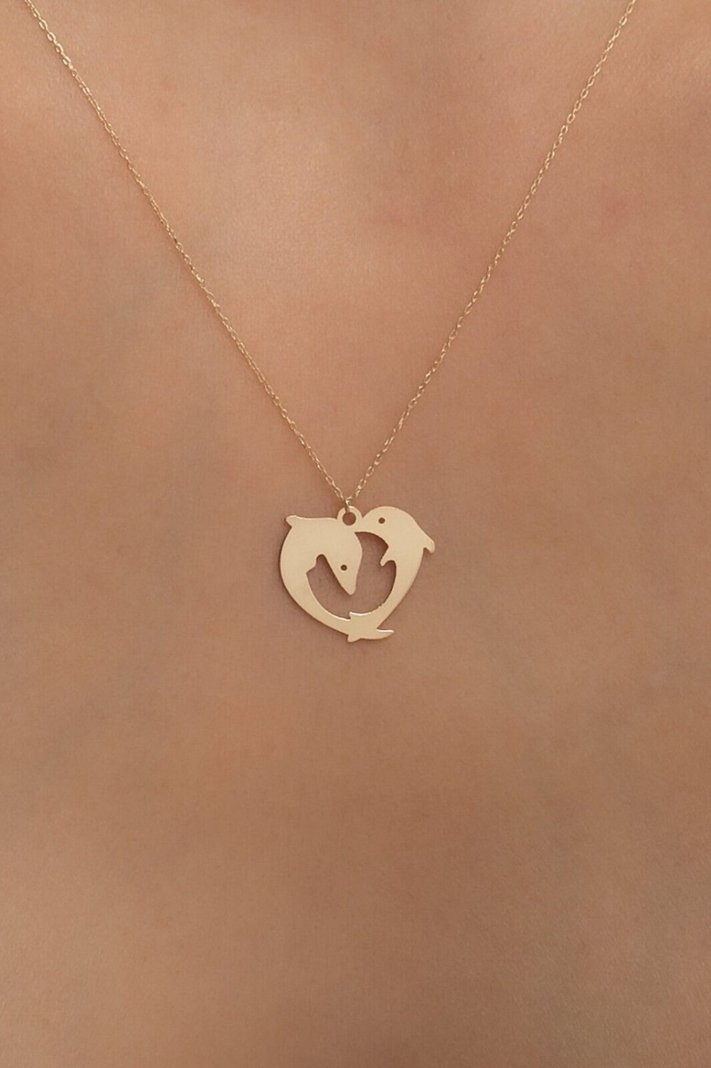 Designed Heart Dolphin Necklace 14K Gold Plated Birthday Gift Necklace For Her