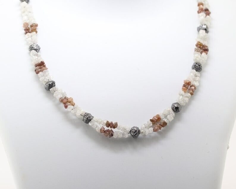Black, White & Red Raw Diamond Necklace Natural Loose Raw Diamond Beads Necklace